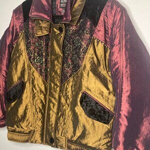 Womens Vintage Ski Coat Puffer Bomber Jacket 80s Style Velvet Lace Iridescent M